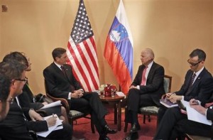 U.S. Vice President Joe Biden, second from right, talks to Slovenian President Borut Pahor, third from right, in Zagreb, Croatia, Wednesday, Nov. 25, 2015. Biden attends a conference of southern and eastern European leaders to discuss the surge of migration this year. (AP Photo/Darko Bandic, Pool)