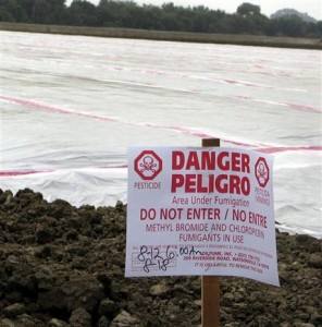 FILE - In this Aug, 12, 2005 file photo, a sign, required by law, warns of a pesticide application of methyl bromide on a field near Watsonville, Calif. Nine months after a vacationing family was nearly killed by exposure to methyl bromide on the island of St. John, authorities have come to at least one troubling conclusion: The use of the banned pesticide was not an isolated event in U.S. Caribbean territories. (AP Photo/Rita Beamish, File)